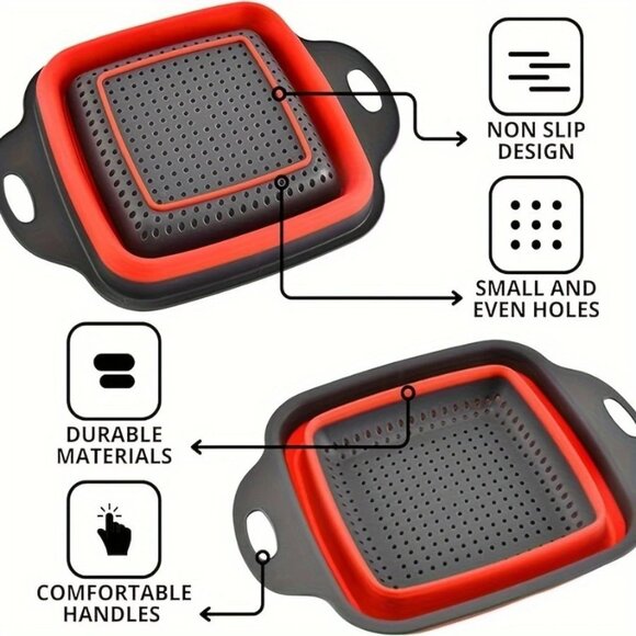 NEW 2-Pack Collapsible Silicone Colanders Red -Space-Saving Kitchen Strainers - Picture 5 of 7